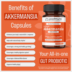 PADMURA Akkermansia label highlighting prebiotic, probiotic, and postbiotic blend