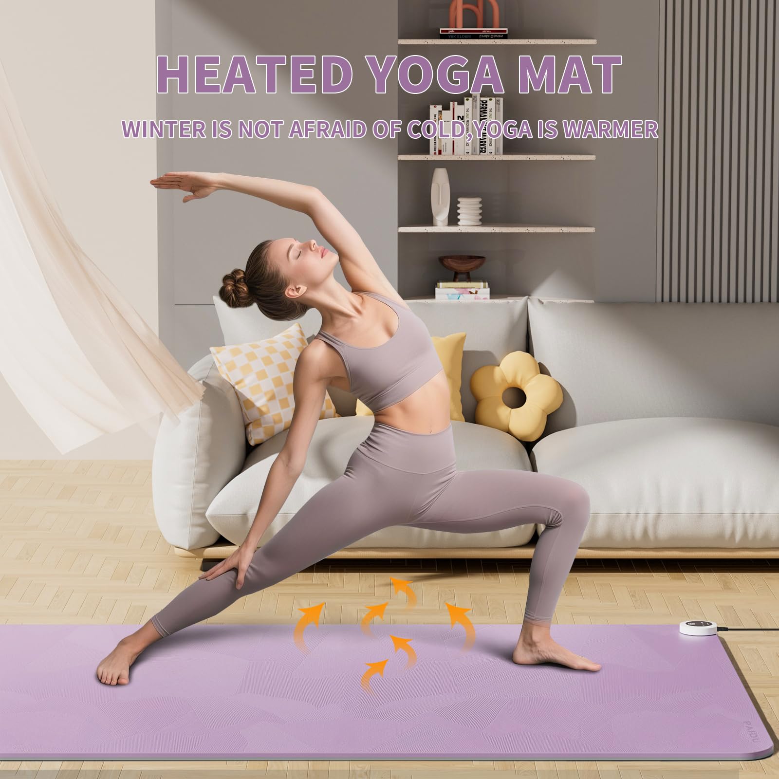 PAIDU heating mat shows thermostat control for adjustable warmth during workouts