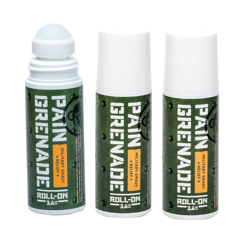 Pain Grenade roll-on bottle front for portable application.