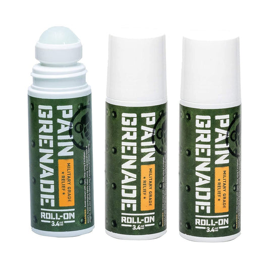 Pain Grenade roll-on bottle front for portable application.