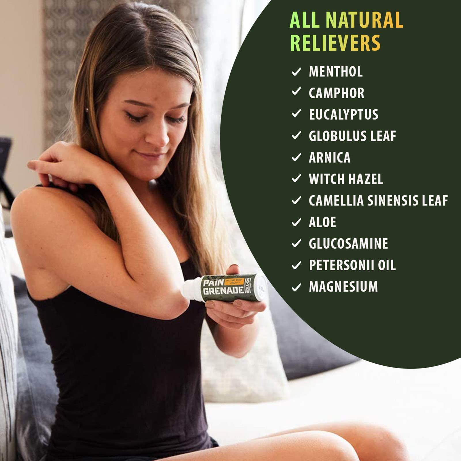 Close-up of arnica and menthol ingredients in Pain Grenade blend.