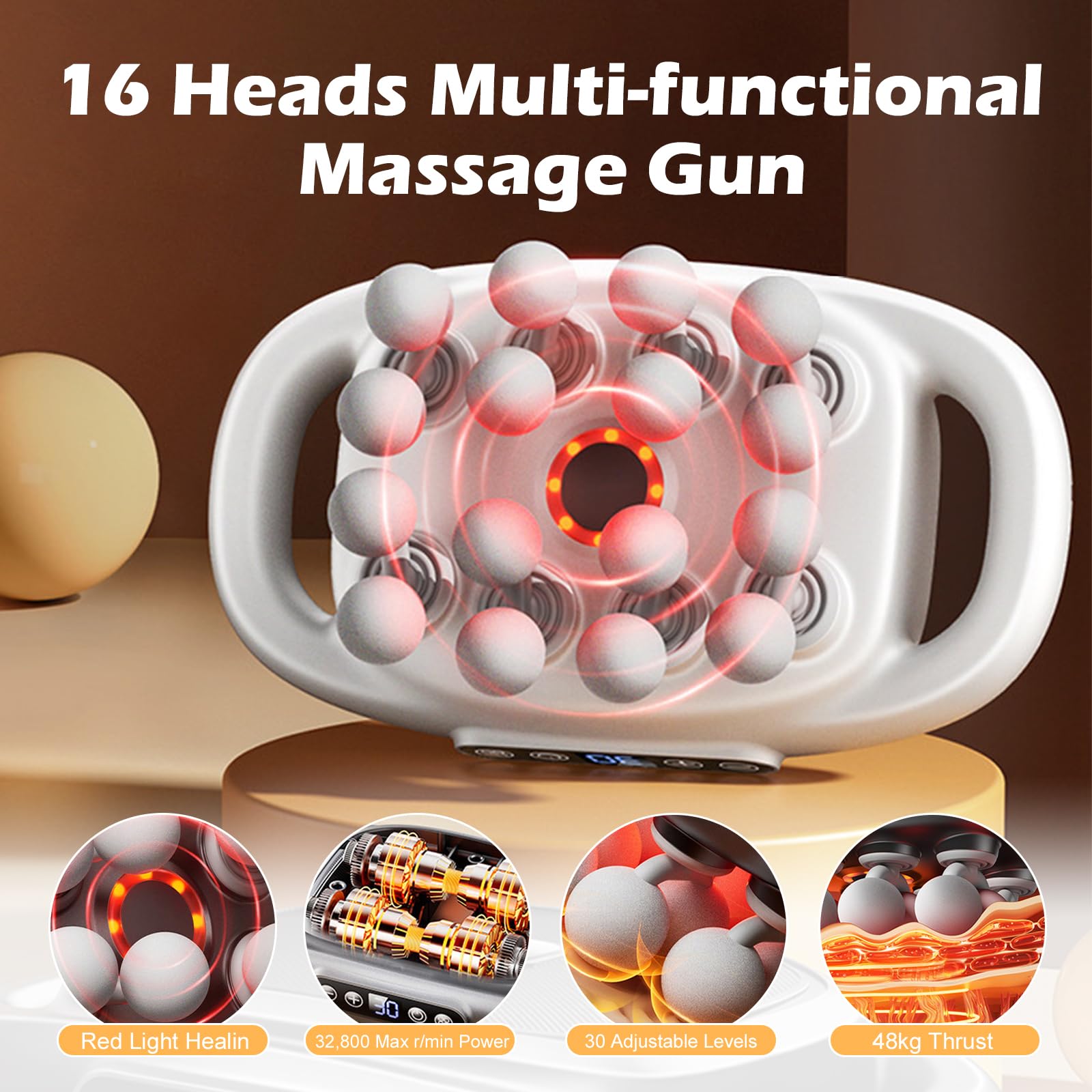 PakaLife 16-Drive massage gun side view showcases ergonomic grip for all-night comfort.
