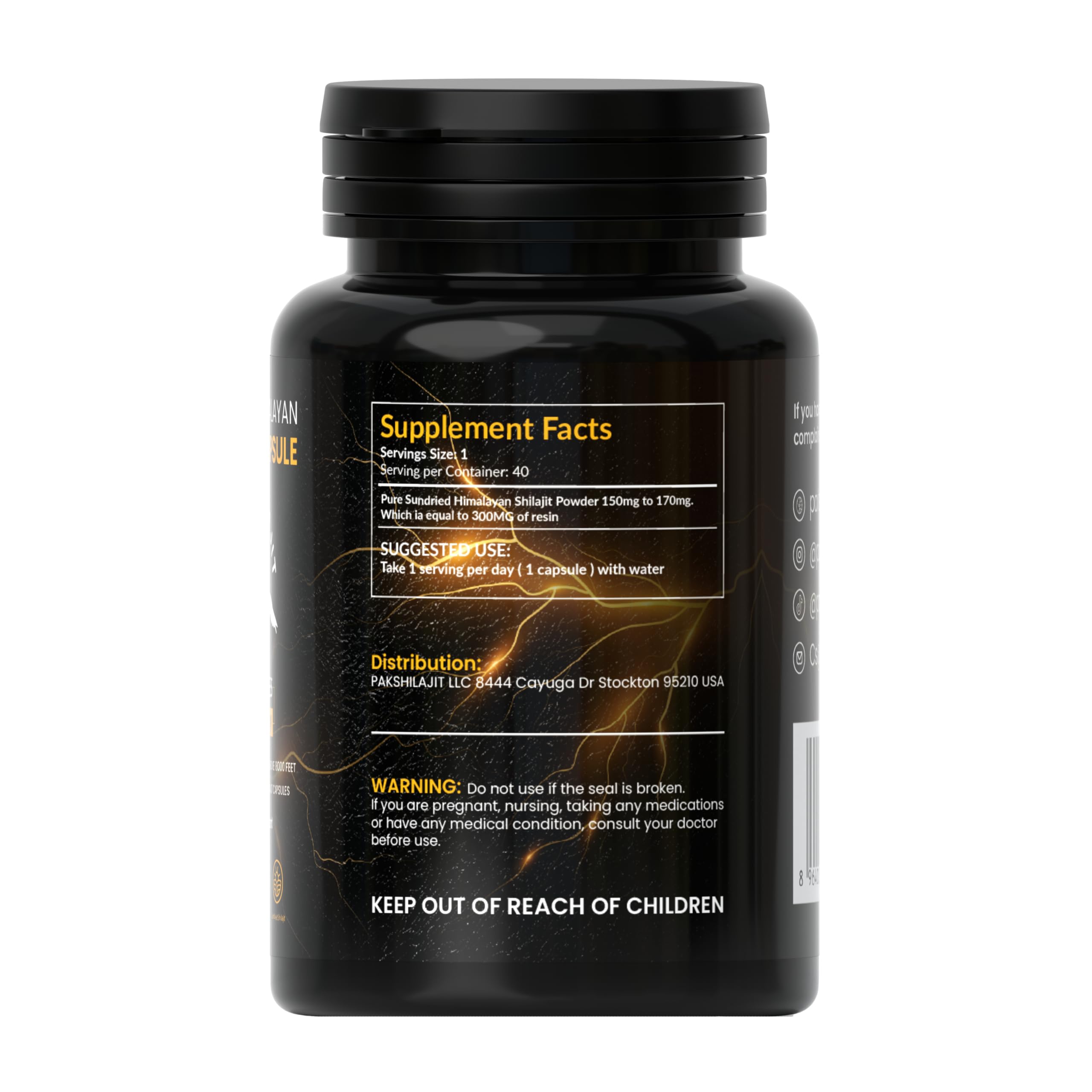 PakShilajit label highlights 85+ minerals and fulvic acid content.