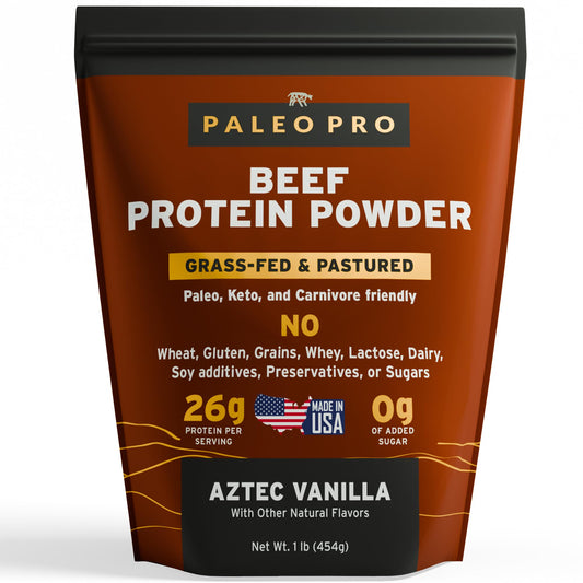 Paleo Pro 26G Beef Protein Powder bottle shows grass-fed protein for paleo and keto meals