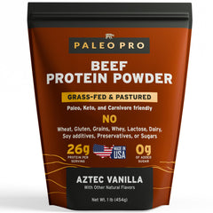 Paleo Pro 26G Beef Protein Powder bottle shows grass-fed protein for paleo and keto meals