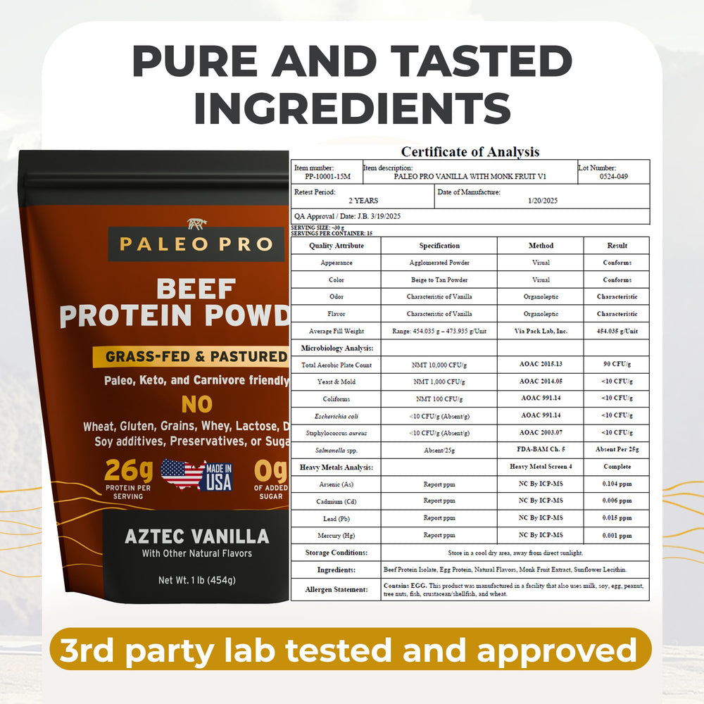 Paleo Pro beef protein powder ingredients label highlights clean animal-based nutrition and egg content