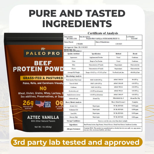 Paleo Pro beef protein powder ingredients label highlights clean animal-based nutrition and egg content