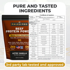 Paleo Pro beef protein powder ingredients label highlights clean animal-based nutrition and egg content