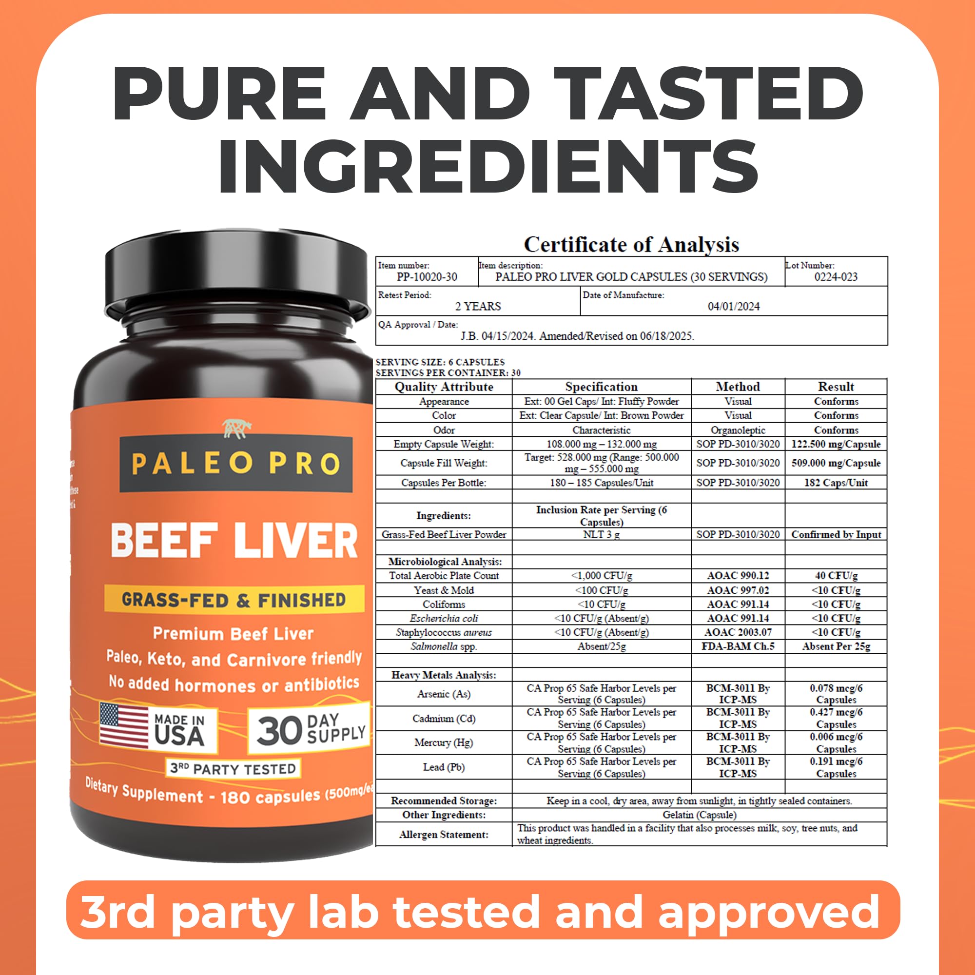 Paleo Pro beef liver capsules label displays clean, paleo-friendly ingredients.