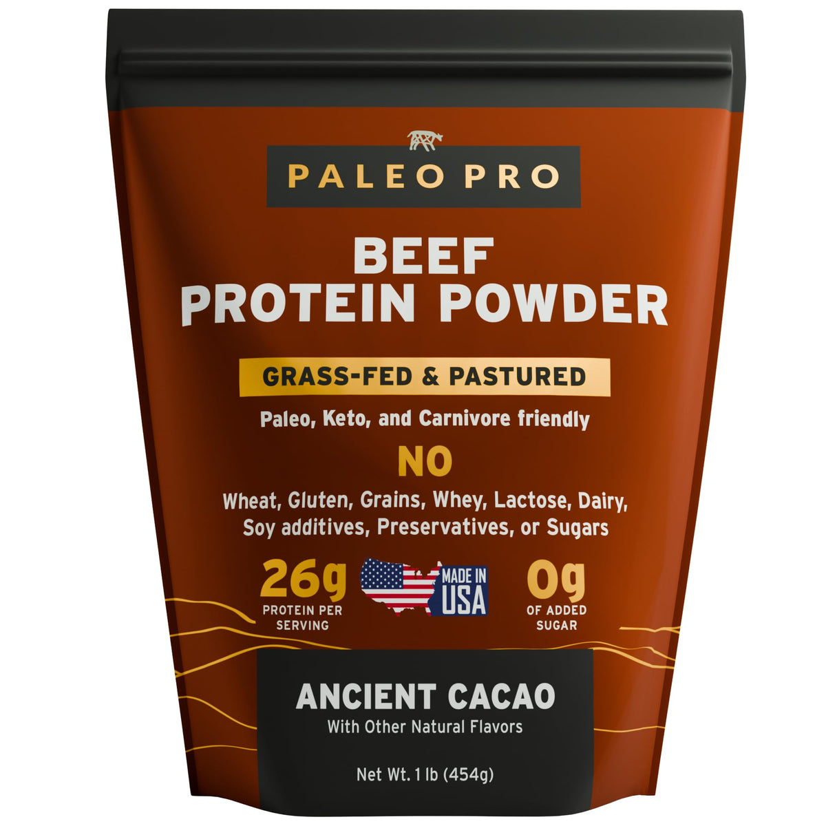 Paleo Pro Beef Protein Powder Cocoa pour shows a rich protein boost for smoothies.