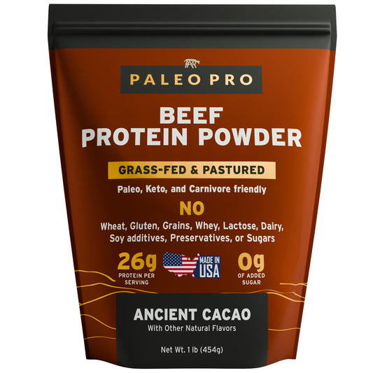 Paleo Pro Beef Protein Powder Cocoa pour shows a rich protein boost for smoothies.