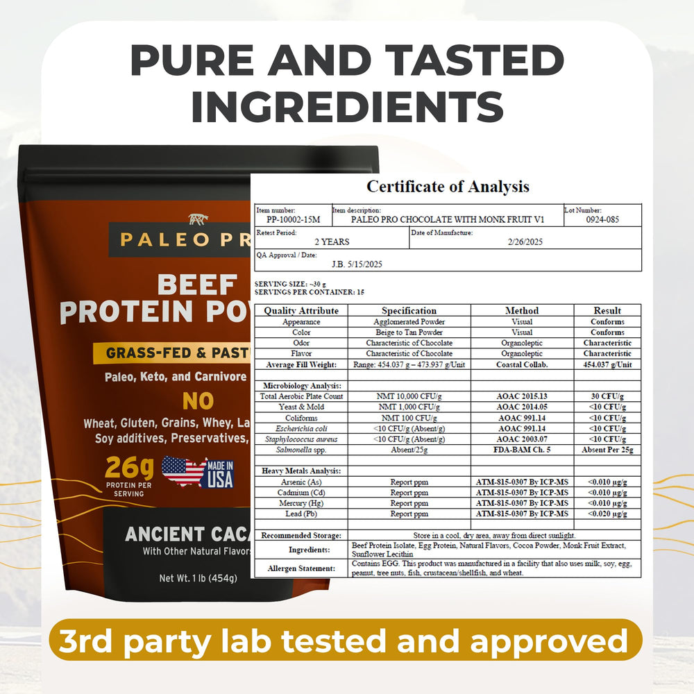 Paleo Pro Beef Protein Powder Cocoa scoop highlights easy daily protein intake.