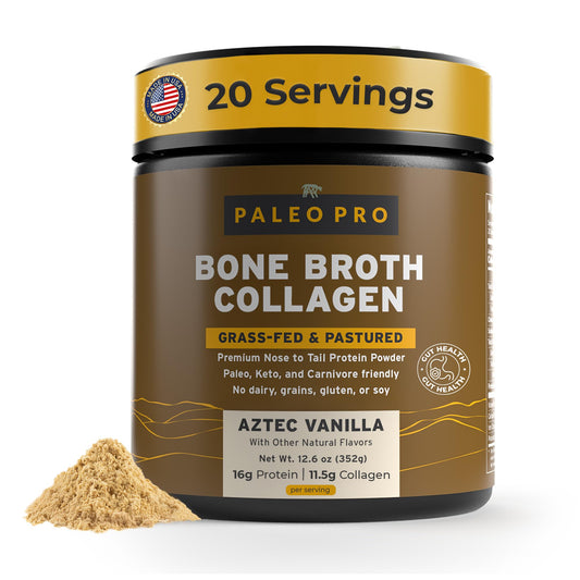 Paleo Pro Bone Broth Collagen Vanilla bottle shown with a scoop for on‑the‑go protein addition.