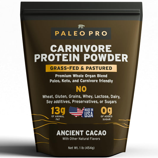 Paleo Pro Carnivore Complete Ancient Cacao bag with scoop for keto shakes