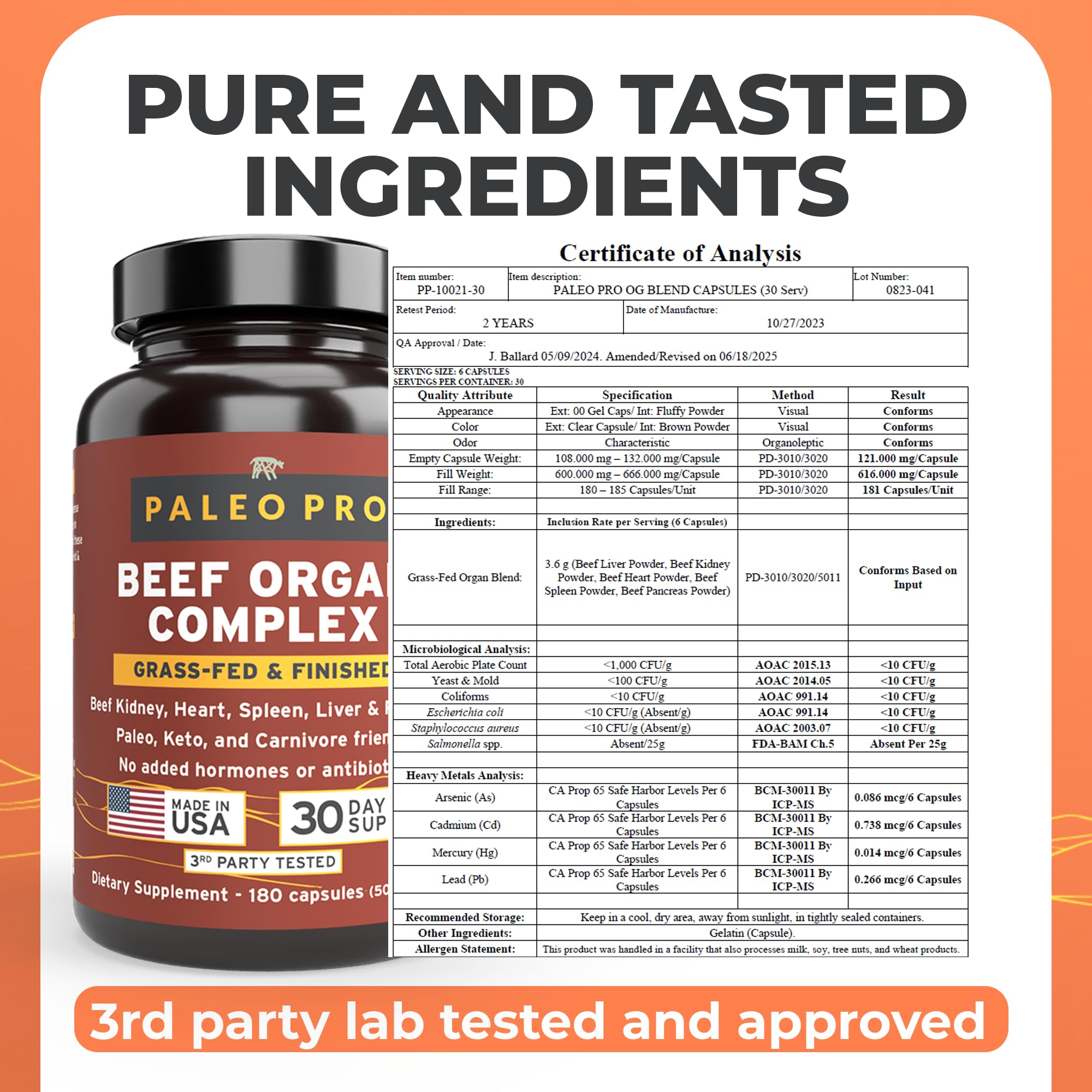 Paleo Pro O.G. Blend label closeup, highlights grass-fed beef organs and purity