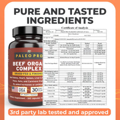 Paleo Pro O.G. Blend label closeup, highlights grass-fed beef organs and purity