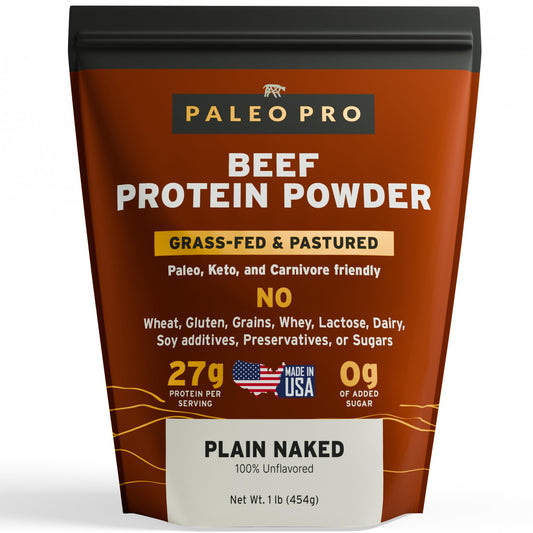 PaleoPro protein powder bottle showcasing grass-fed beef and cage-free eggs for paleo nutrition.