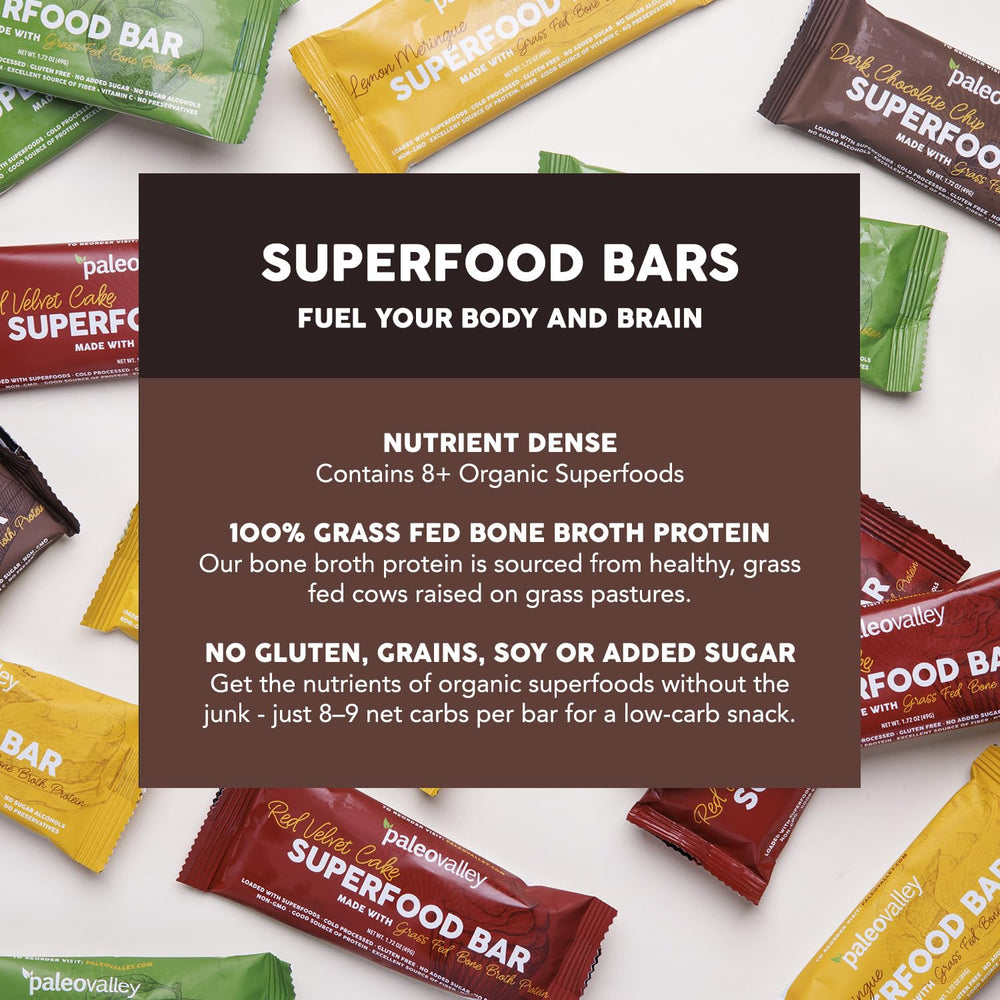 Paleovalley bars highlighting grass-fed bone broth protein for a protein-rich bite.