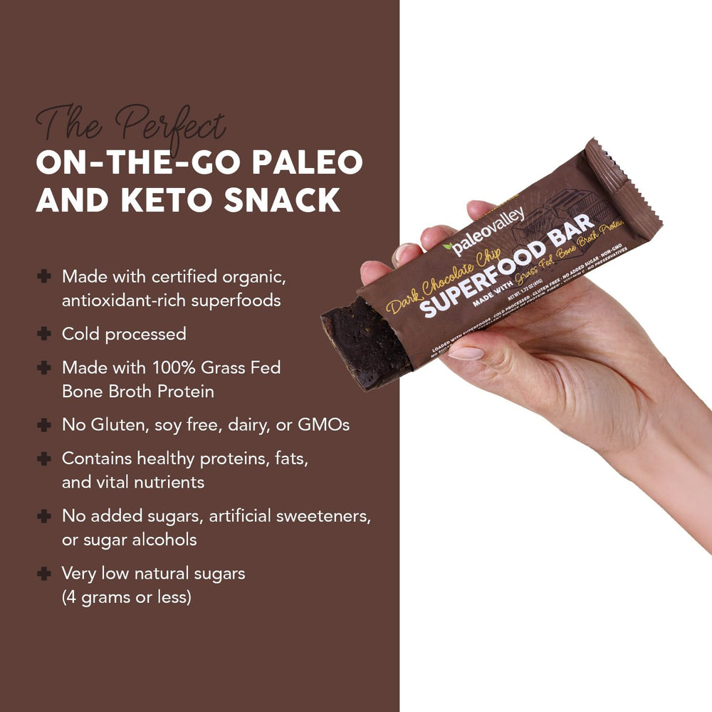 Paleovalley bars on-the-go packaging in a bag, ideal for travel and busy days.