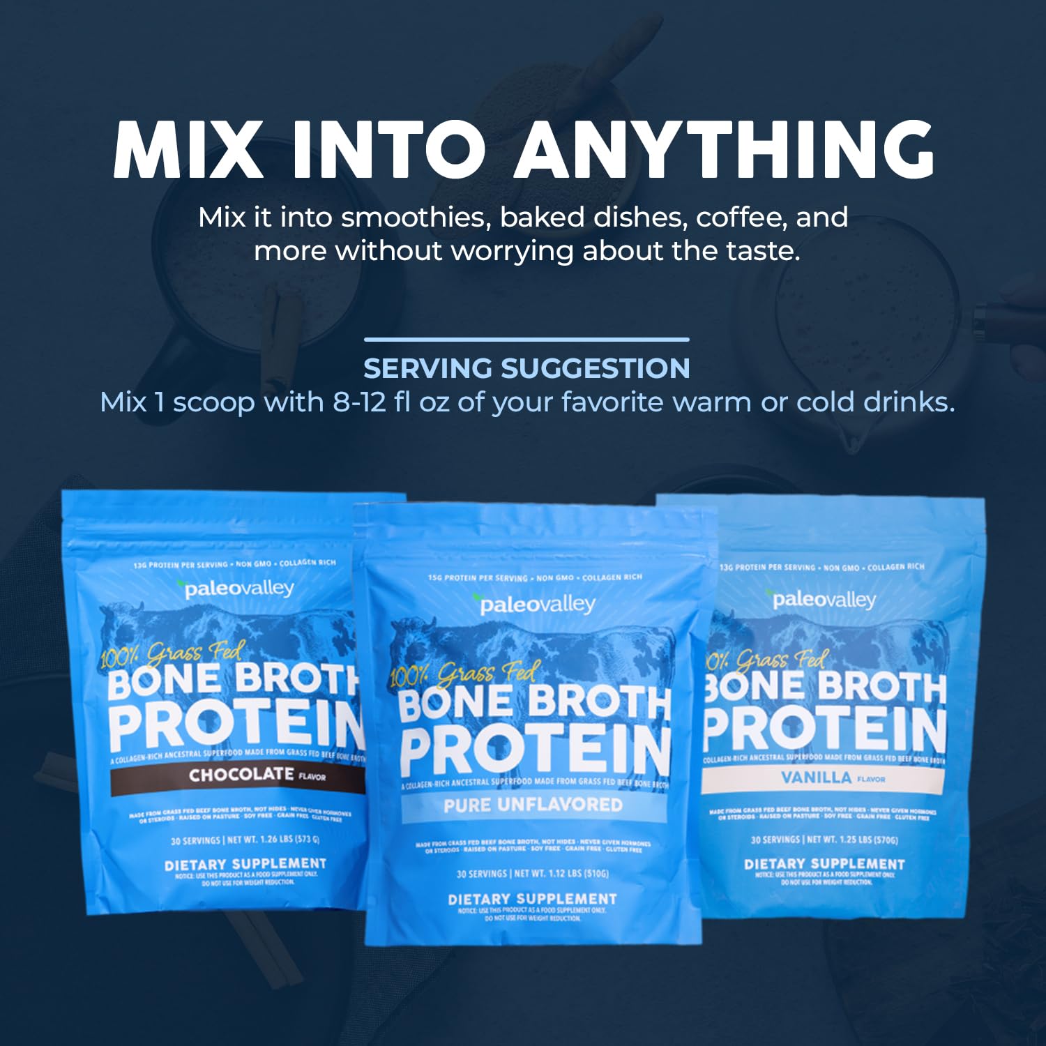 Close-up of Paleovalley Bone Broth Powder texture highlighting collagen proteins.