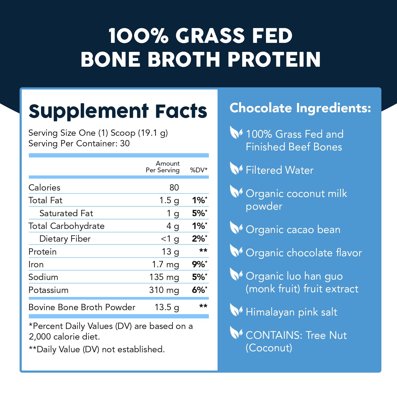 Paleovalley Bone Broth Powder nutrition label highlighting gluten-free and non-GMO features.