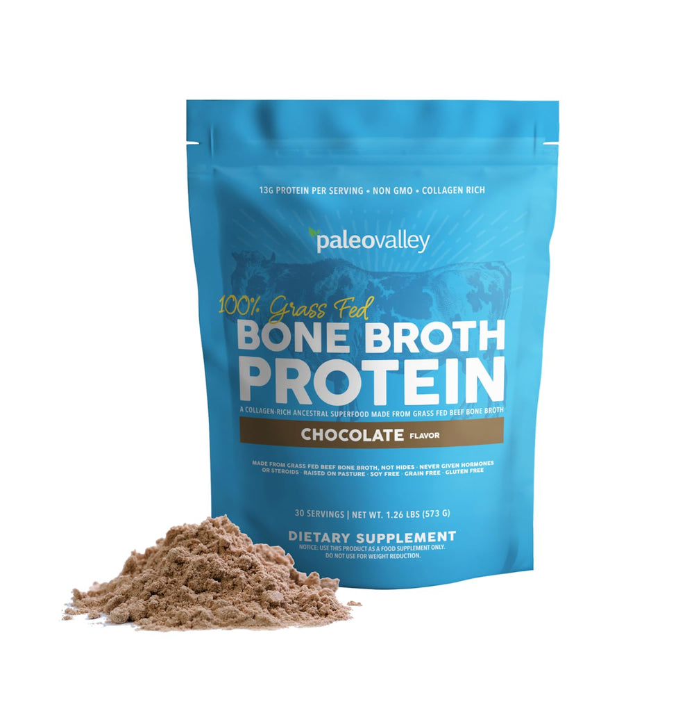 Paleovalley Bone Broth Powder tub showing label and 13g protein per serving for keto smoothies.
