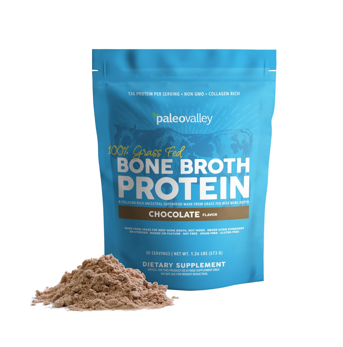 Paleovalley Bone Broth Powder tub showing label and 13g protein per serving for keto smoothies.
