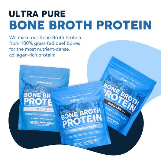 Paleovalley bone broth powder vanilla scoop demonstrates easy portion control and consistent protein intake.