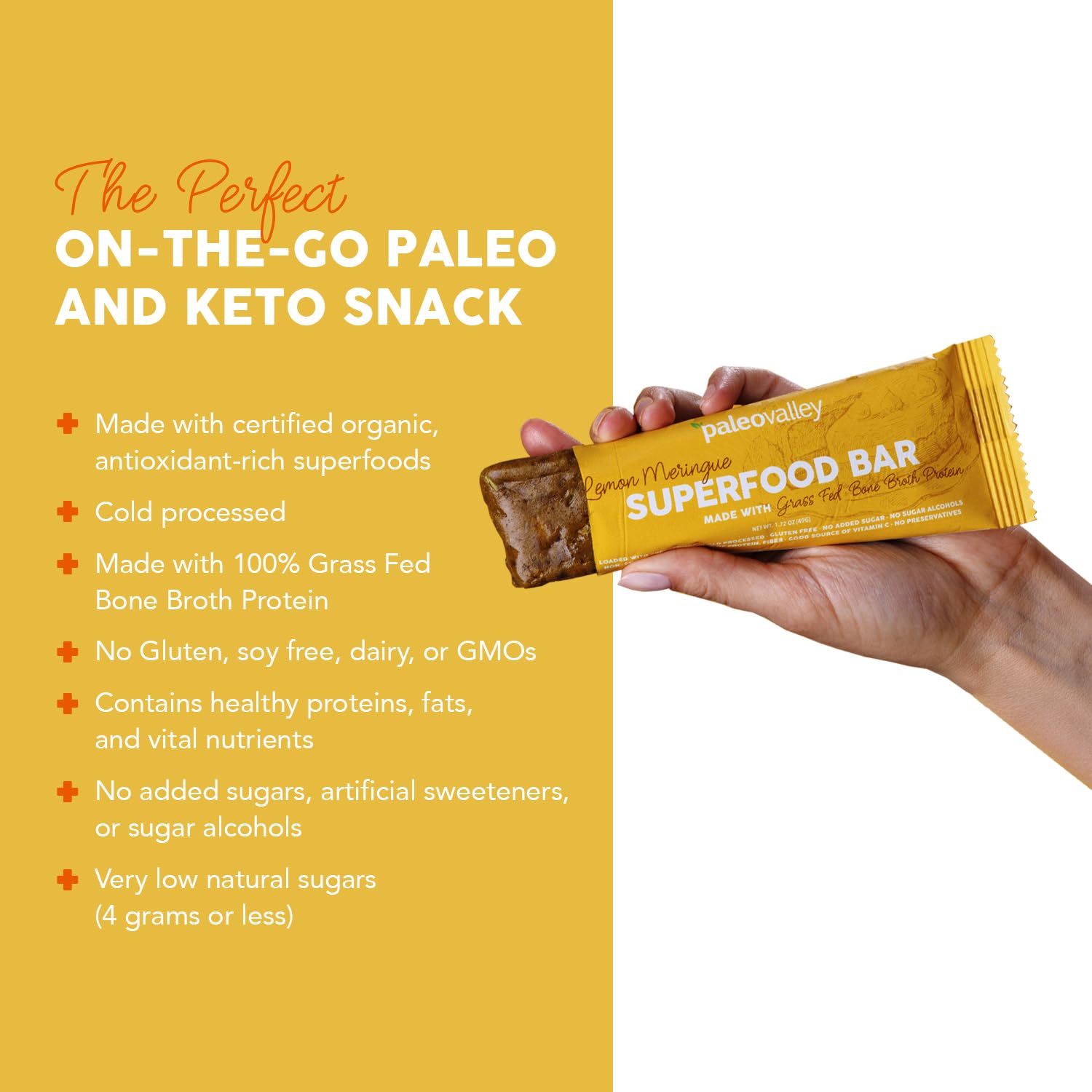 Paleovalley Lemon Meringue bar with bone broth protein for a satisfying protein boost.