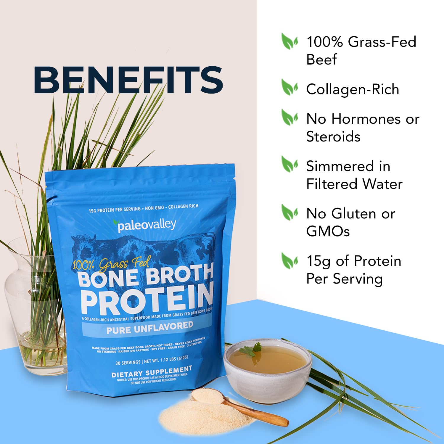 Paleovalley bone broth protein powder scoop beside powder for daily use