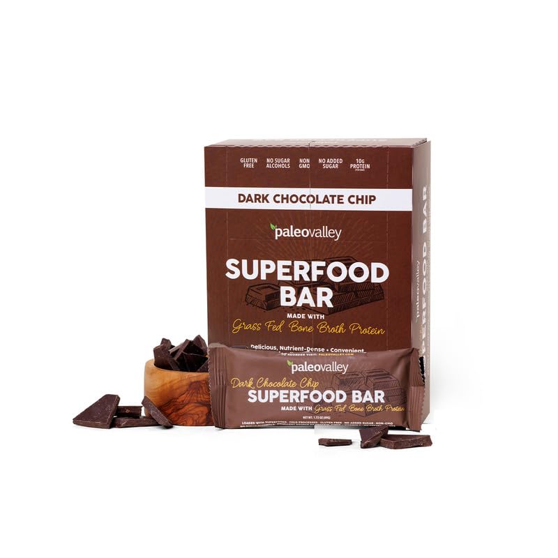 Paleovalley Dark Chocolate Chip Bars in a 10-pack, a protein-rich on-the-go snack.