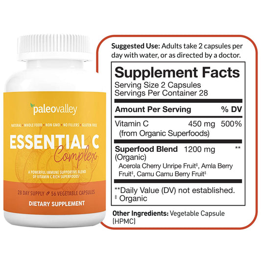 Paleovalley Essential C Complex acerola cherry highlights natural vitamin C source.