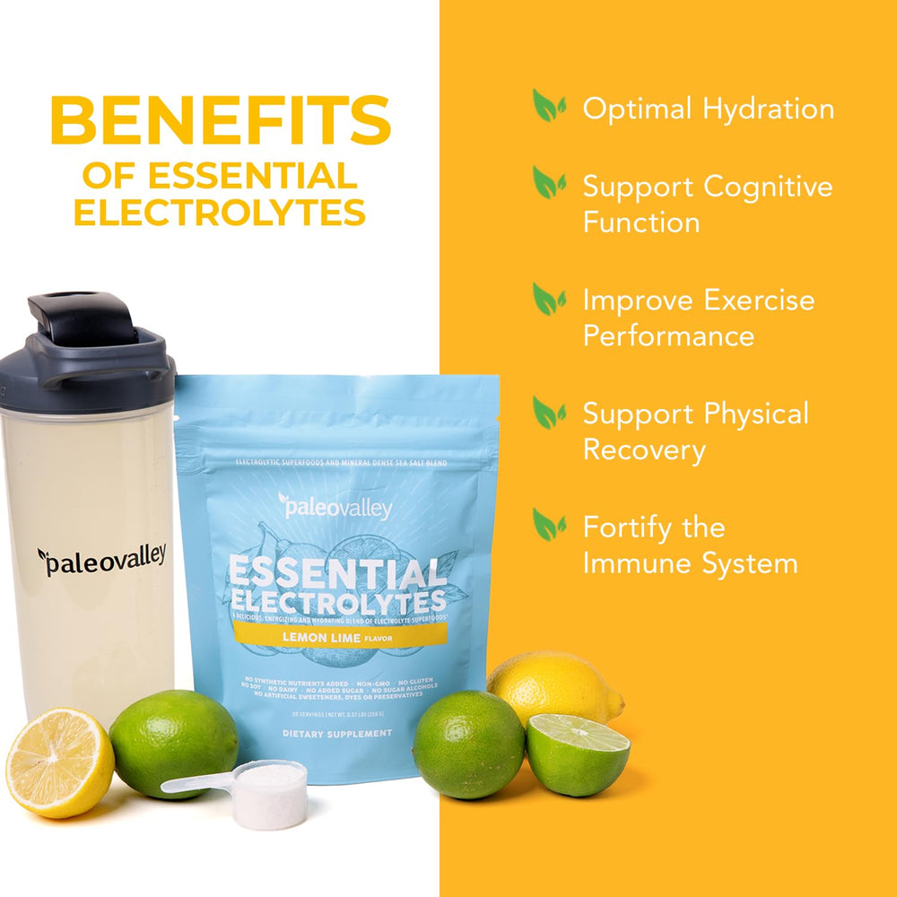 Glass of Paleovalley Lemon Lime Electrolytes mix ready to drink