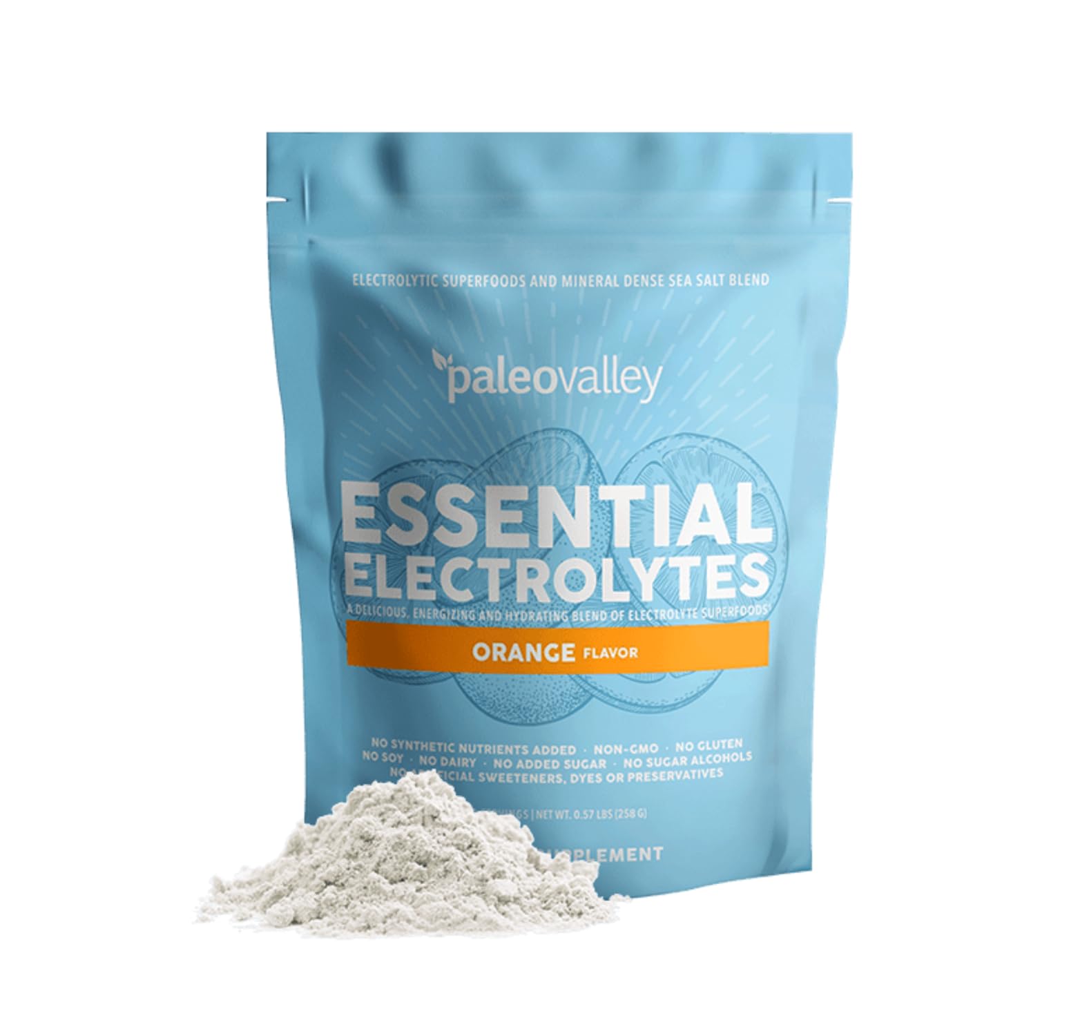 Paleovalley Essential Electrolytes Orange bottle promotes on-the-go hydration.