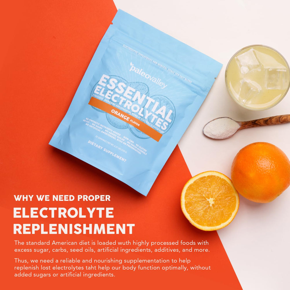 Paleovalley Essential Electrolytes Orange ingredients panel emphasizes mineral blend.