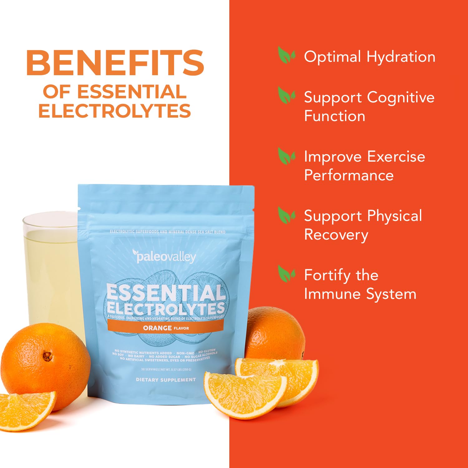 Paleovalley Essential Electrolytes Orange packaging highlights no sugar added.