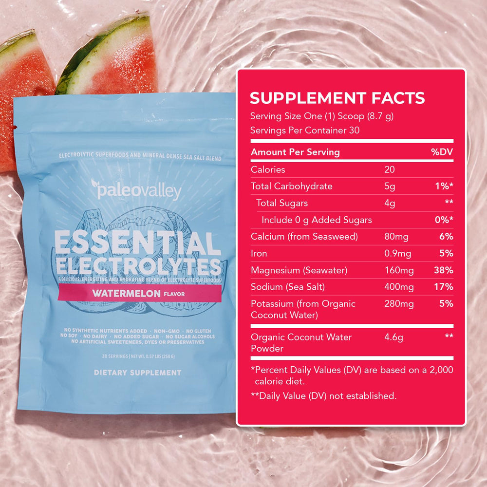 Paleovalley label close-up highlighting trusted electrolytes and clean ingredients.