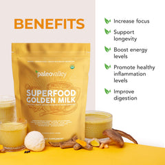 Paleovalley Golden Milk jar shows turmeric-rich blend for sustained energy.
