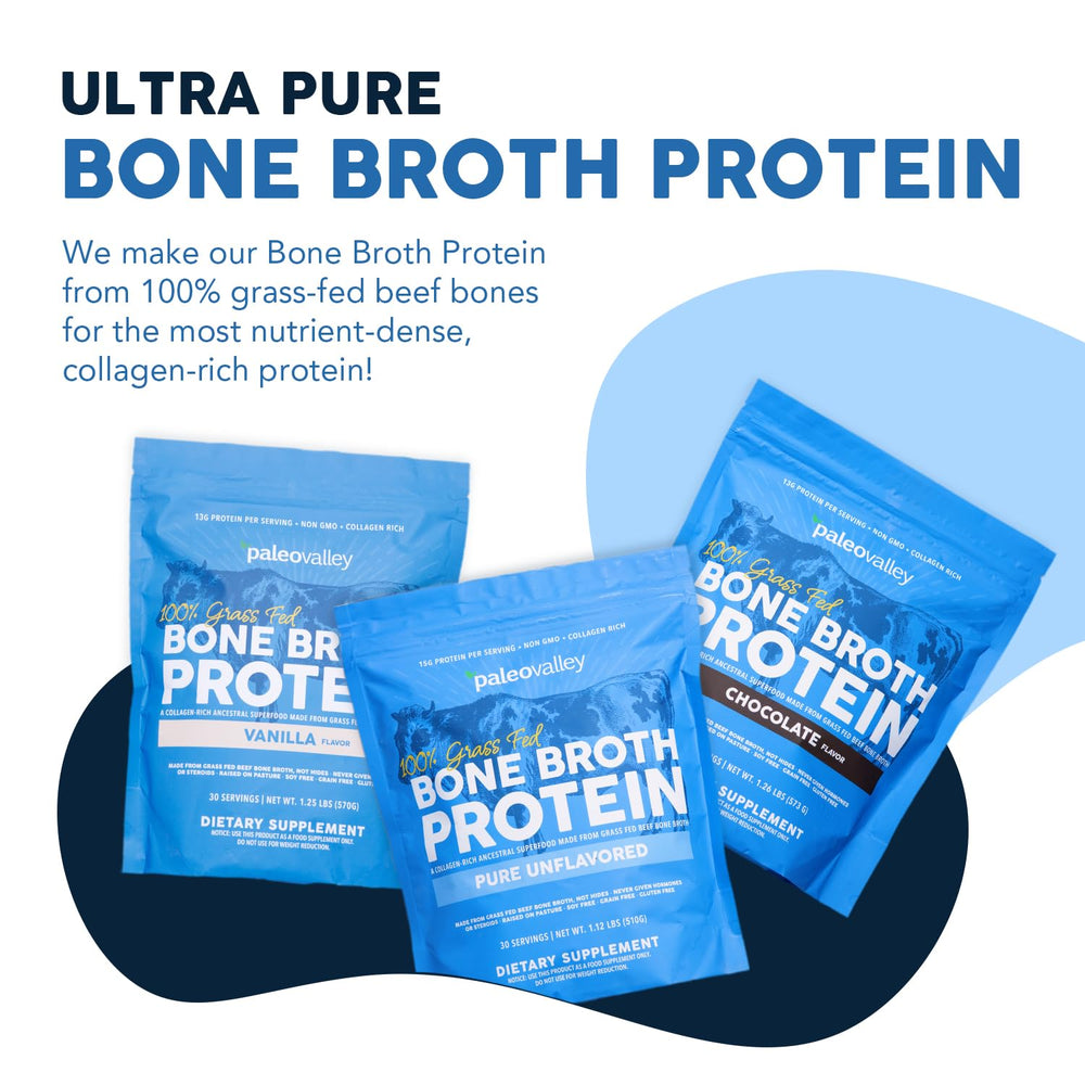 Paleovalley grass-fed beef bone broth powder cup ready to mix