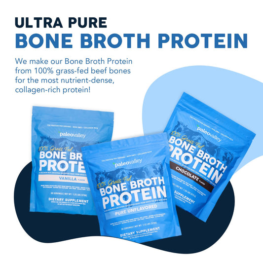 Paleovalley grass-fed beef bone broth powder cup ready to mix