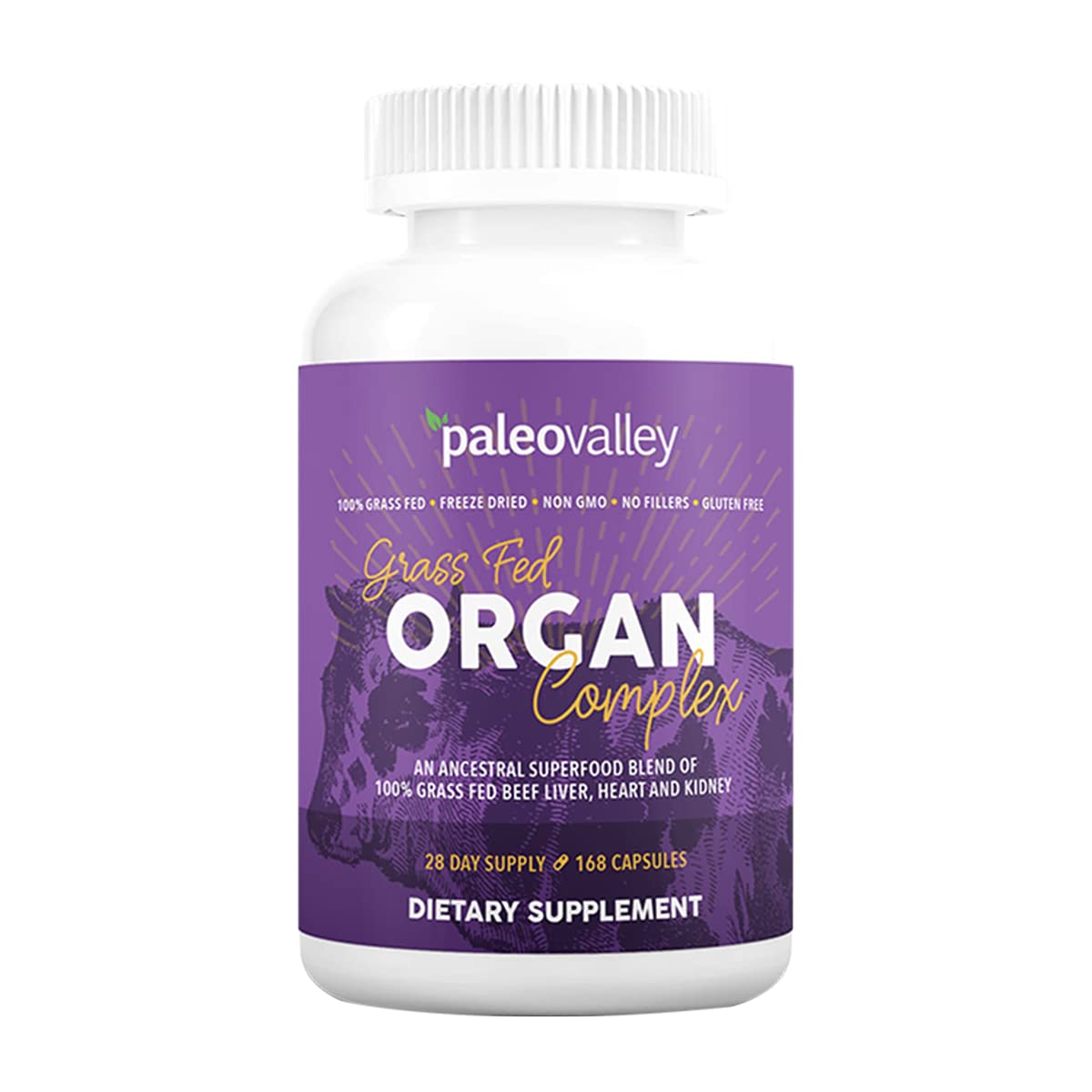 Paleovalley Grass-Fed Organ Complex bottle on a shelf, signaling nutrient-dense daily support.