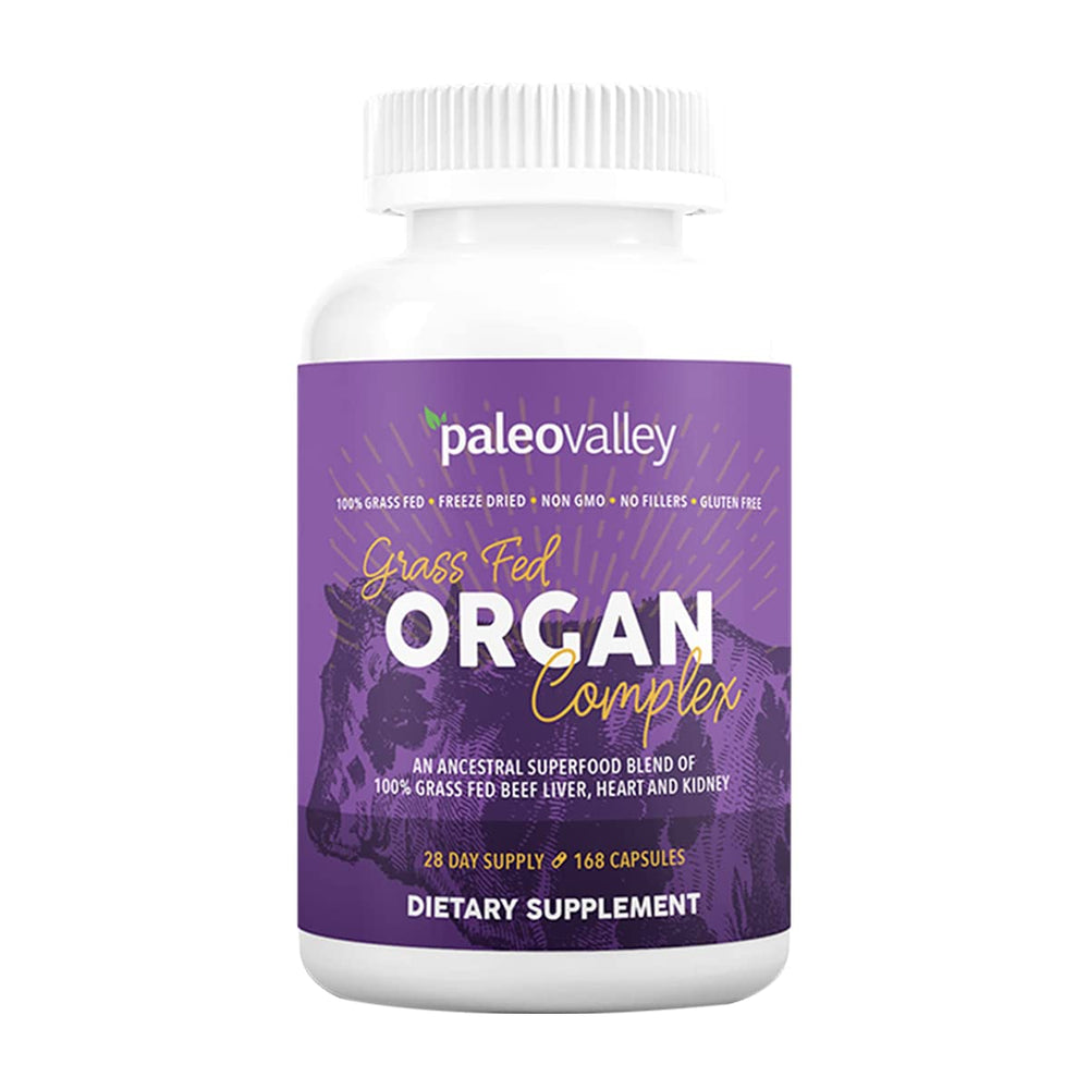 Paleovalley Grass-Fed Organ Complex bottle on a shelf, signaling nutrient-dense daily support.