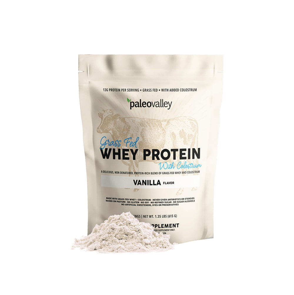 Paleovalley Grass-Fed Whey Vanilla bottle highlighting protein for workouts and recovery.