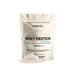 Paleovalley Grass-Fed Whey Vanilla bottle highlighting protein for workouts and recovery.