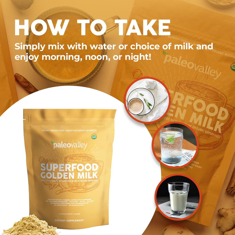 Paleovalley Mushroom-enhanced Golden Milk bowl boosts cognitive clarity.