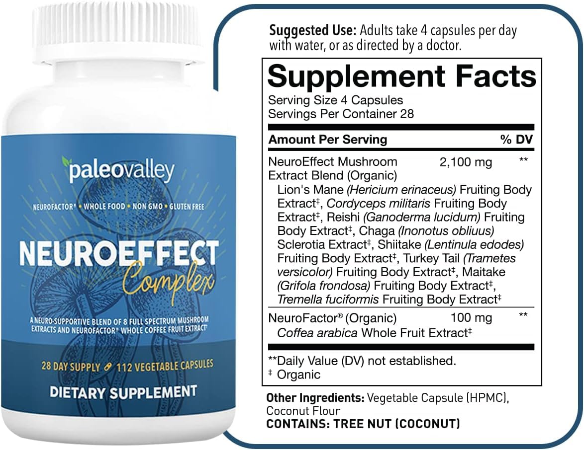 Paleovalley NeuroEffect capsules close-up showing mushroom blend benefits for mental clarity.