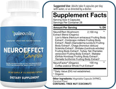 Paleovalley NeuroEffect capsules close-up showing mushroom blend benefits for mental clarity.