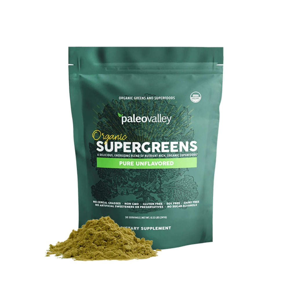 Paleovalley Organic Supergreens bottle close-up showing premium ingredients for daily energy