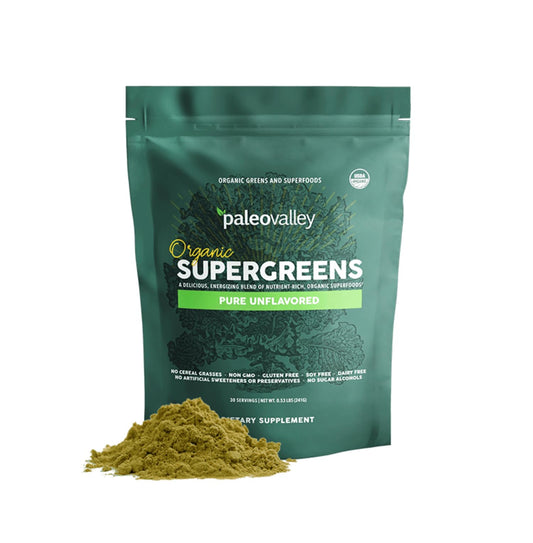Paleovalley Organic Supergreens bottle close-up showing premium ingredients for daily energy