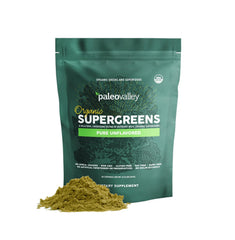 Paleovalley Organic Supergreens bottle close-up showing premium ingredients for daily energy